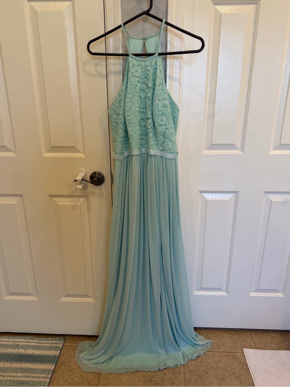 David’s Bridal Mint Halter Lace & Chiffon Maxi Dress
